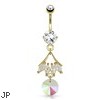 Leaf with CZ And Round Prism Dangle Gold Tone Navel Ring