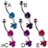 Metal rose belly ring with dangling rose and jeweled top ball