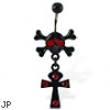 Navel ring with black skull and dangling black cross