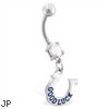 Navel ring with dangling "GOOD LUCK" horseshoe