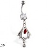 Navel ring with dangling bat tribal design with red and clear stone