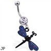 Navel Ring with Dangling Black And Blue Dragonfly