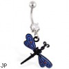 Navel ring with dangling black and blue dragonfly