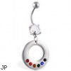 Navel ring with dangling circle with rainbow gems