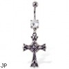 Navel ring with dangling cross with skulls