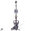 Navel ring with dangling crowned skull biting rose