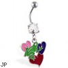 Navel ring with dangling frog on multi-color hearts