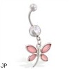 Navel ring with dangling glossy pink butterfly