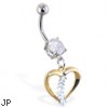 Navel ring with dangling gold colored heart with gems