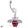 Navel ring with dangling jeweled bumble bee