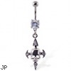 Navel ring with dangling jeweled cross with skull