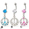 Navel ring with dangling jeweled double ring and teardrop shaped gem