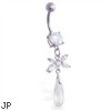 Navel ring with dangling jeweled flower and crystal