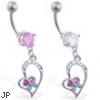 Navel ring with dangling jeweled heart and colorful butterfly