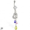 Navel ring with dangling jeweled heart and multi-colored dangles