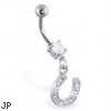 Navel ring with dangling jeweled horseshoe