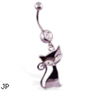 Navel ring with dangling jeweled steel cat