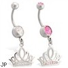 Navel ring with dangling jeweled tiara crown