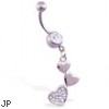 Navel ring with dangling jeweled triple hearts