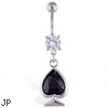 Navel ring with dangling large black jeweled spade