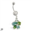 Navel ring with dangling multi-jeweled epoxy flower