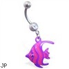 Navel ring with dangling pink and purple fish