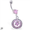 Navel ring with dangling pink jeweled circle with flower