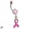 Navel ring with dangling pink wellness ribbon