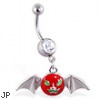 Navel ring with dangling scary face bat