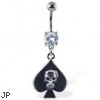 Navel ring with dangling spade with skull