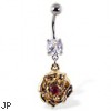 Navel ring with dangling yellow rose with red gem