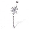 Navel ring with gemmed flower and jeweled dangle