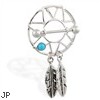 Nipple shield with turquoise stone and dangling feathers, 14 ga