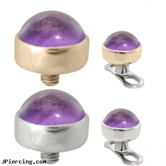 14K Gold internally threaded dermal top ball with 4mm Amethyst Cabochon, gold tongue rings, gold nipple rings, gold belly button rings on discount, internally threaded body jewelry, belly ring titanium internally threaded