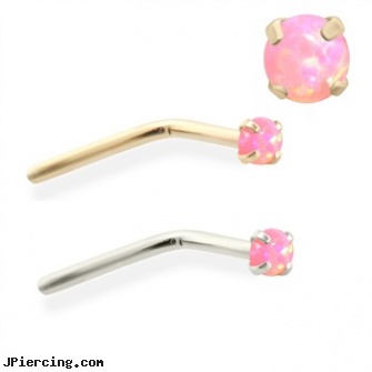 14K Gold L-shaped Nose Pin with 2mm Round Pink Opal, gold navel piercings, gold navel rings, gold nose studs, l-shaped nose jewelry, shaped nose studs