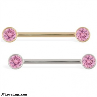 14K Gold Nipple Ring with Bezel Setting Pink Tourmaline Gem, 14 Ga, solid gold tongue rings, nose ring gold diamond india, pierced cock rings gold, information male nipple peircing, nipple piercing pictures