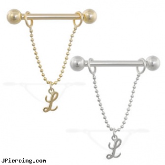 14K Gold nipple ring with dangling cursive initial L, 14 ga, gold labret, gold nipple rings, 14 karet gold navel rings, clip on nipple rings, male nipple piercing new york best