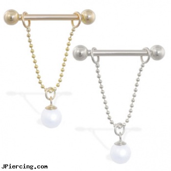 14K Gold nipple ring with dangling white pearl on chain, 14 ga, gold labret, solid gold tongue ring, gold nose stud, nipple ring jewery, downfalls to nipple peircings