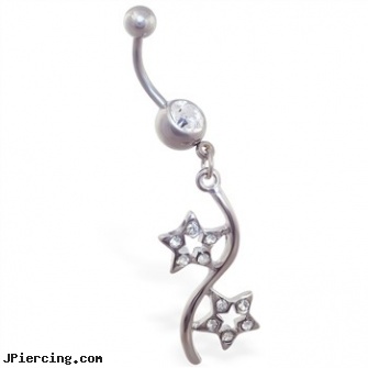 Belly button ring with jeweled double star dangle, cheep belly rings, rhinestone charm belly ring, fine jewelry belly button rings, pretty belly button rings, changing belly button piercing