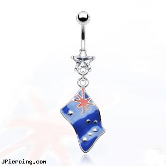 Belly ring with dangling Australian flag, gold belly jewelry, clit nipple and bellybutton piercing, belly button piercing faqs, ring, sport tongue rings