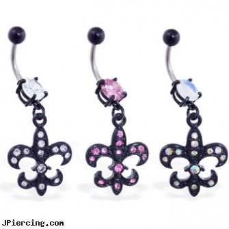 Belly ring with dangling black coated jeweled Fleur-De-Lis, piercing your belly button pictures the process, character belly button rings, titanium navel belly rings, what is cock ring, navel rings football