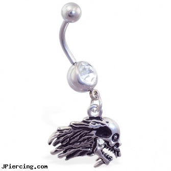 Belly Ring with Dangling Flaming Skull, belly button jewerly, lizard or gecko navel or belly button jewelry or ring, body jewelry superman belly button ring navel, ring pictures, girl nipple rings