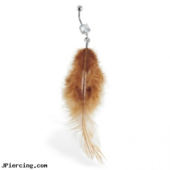 Belly ring with dangling fuzzy brown feathers, picture inlay belly button rings, belly button piercing stories, belly piercing, pussy ring, clip on navel ring