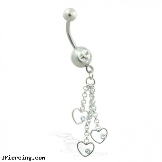 Belly ring with dangling hearts on chains, belly button piercing cleaning, 14 kt gold belly ring, belly button ring picture gallery, septum rings, dark ring nipple aureola