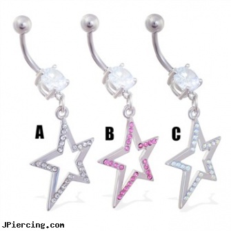 Belly ring with dangling jeweled crooked star, 50 belly rings for 15, belly button piercing infections, when to change belly ring, pink crystal playboy bunny navel ring, pics of cock rings