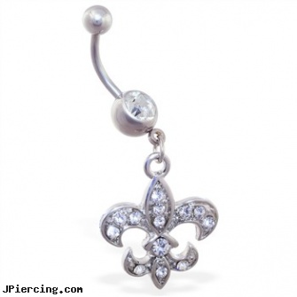 Belly ring with dangling jeweled fleur-de-lis, letter belly button rings, 12 gauge belly rings, belly piercing dangers, piercing rings, remote penis vibrator rings