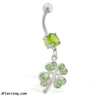 Belly ring with dangling jeweled four leaf clover, spongebob belly ring, ferrari belly button ring, discount belly rings, cartilage piercing rings, nose ring stud