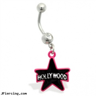 Belly Ring with dangling Pink and Black Hollywood Star, tounge and belly rings, double belly ring, amythest belly button ring, inch navel ring, dangling navel ring