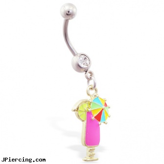 Belly ring with dangling pink drink, belly button tattoos, belly ring manufactuer, playboy bunny belly button rings, picture of bull with ring in nose, multiple body piercings and hiring