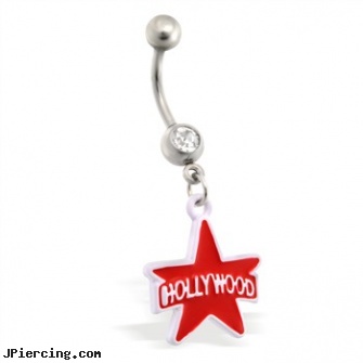 Belly Ring with dangling Red and White Hollywood Star, belly button piercing kit, male belly rings, disney belly button ring, christina aguilera nipple ring picture, radiohead tongue rings